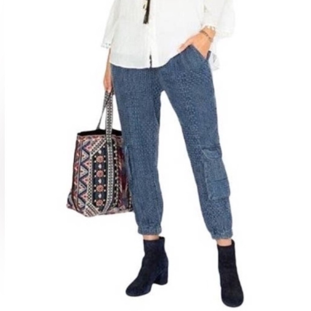 Johnny Was Sana Denim Jogger Embroidered Blue Cropped Loose Baggy Pants